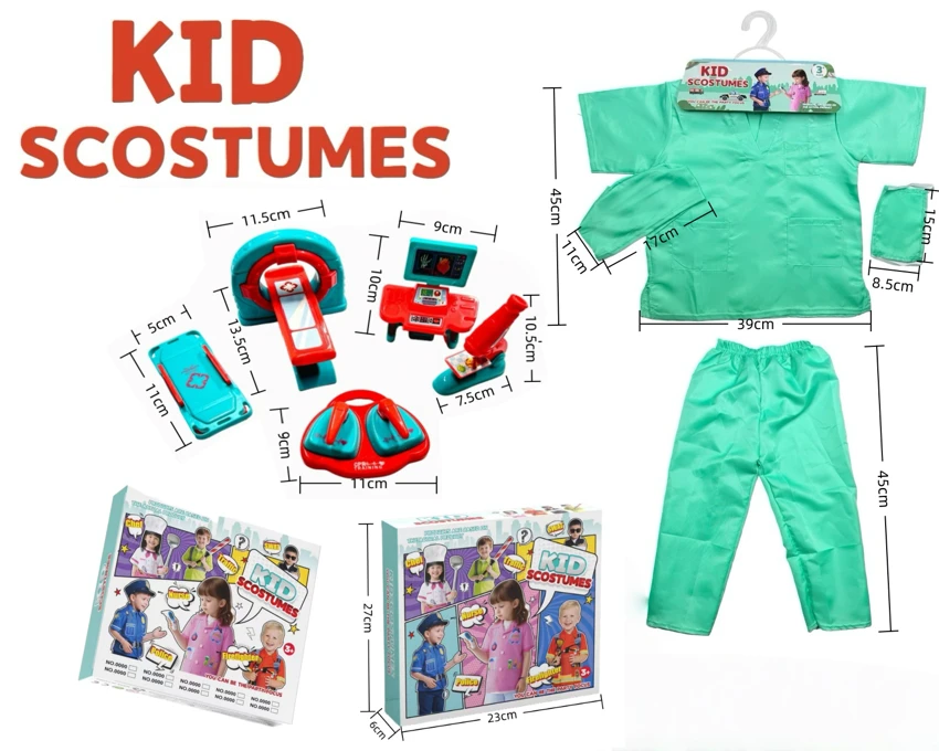 Anak-anak lintas batas pergi ke rumah DIY pakaian peran bermain dokter pakaian operasi + celana + topi + masker + set 5 potong (model tebal) (model kotak warna) Hijau