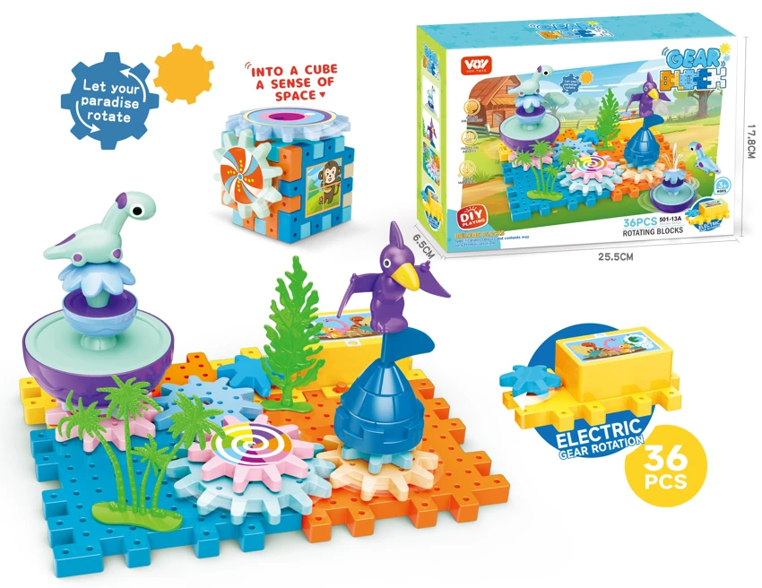 Dinosaurus berputar roda gigi blok bangunan taman ilmu pengetahuan dan pendidikan teka-teki dengan stiker roda gigi<br/>(Listrik) 36PCS
