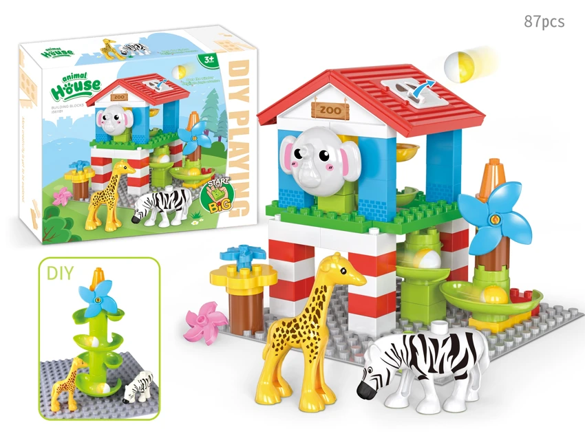 Gajah Zoo bola slide serasi Lego perhimpunan blok-blok granular besar meja kanak-kanak melipatgandakan mainan teka-teki (87PCS)