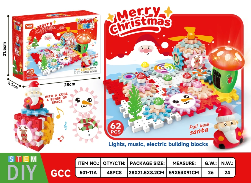 Natal Santa Claus Snowman Gear Blok Taman Sains dan Pendidikan Teka-teki<br/>VOV (listrik, musik, lampu) 62PCS