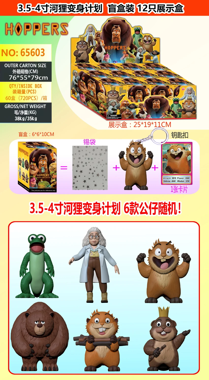 3.5-4 Inch Beaver Transformation Plan Single (dengan gantungan kunci) + 1 kartu dalam kotak buta 12 kotak buta dalam kotak pameran kartu dan 6 boneka acak