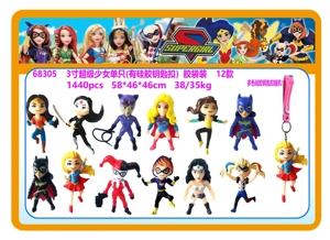 3 Inch Super Girls single figure with random multi-color silicone keychain polybag packing, 12 styles