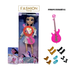 K-POP Rainbow Demon Hunter Series 1:1 - 12-inch 12-joint solid body with colorful lighting&nbsp;and&nbsp;music, real glass eyes, surprise demon hunter girl group doll with earrings, a guitar,&nbsp;and&nbsp;a golden mink card