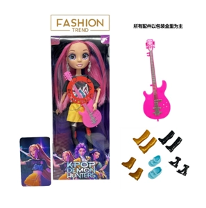 K-POP Rainbow Demon Hunter Series 1:1 - 12-inch 12-joint solid body with colorful lighting&nbsp;and&nbsp;music, real glass eyes, surprise demon hunter girl group doll with earrings, a guitar,&nbsp;and&nbsp;a golden mink card