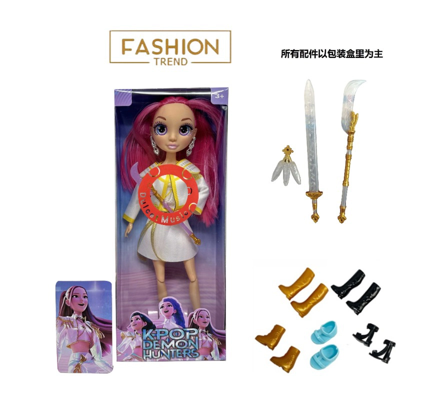 K-POP Rainbow Hunt 1 - 1 - 1 - 1 Dengan cahaya berwarna-warni, musik, 12 inci, 12 sendi, bola mata kaca asli, kejutan, boneka pemburu setan dengan anting-anting, pisau pemburu setan dengan kartu emas mink.
