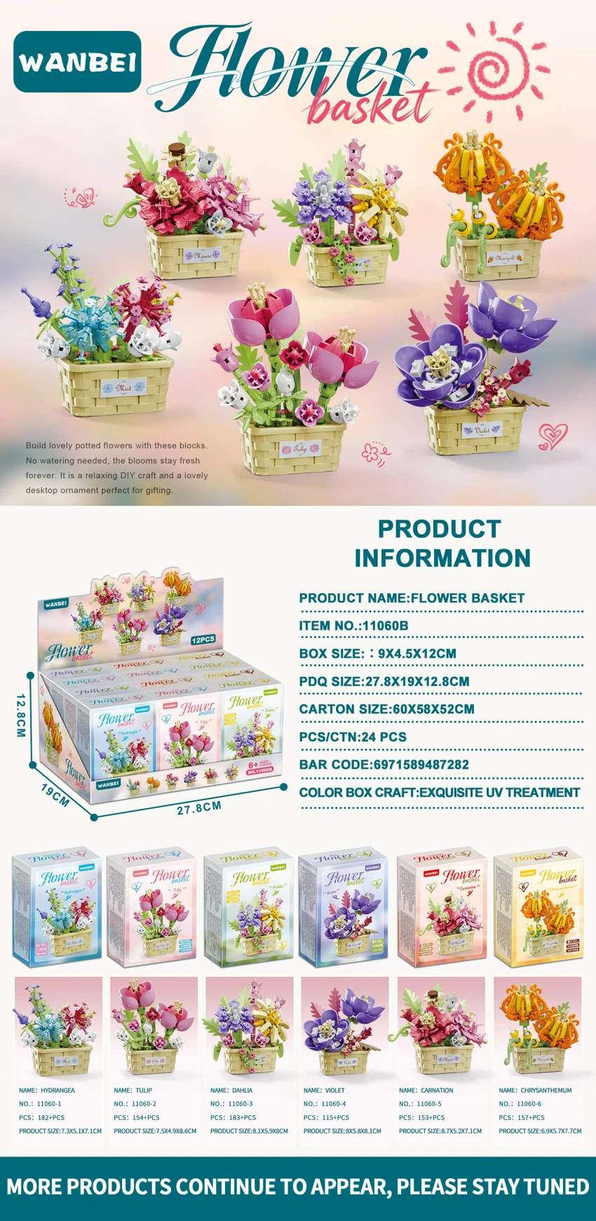 New Version Micro Diamond Exquisite Eternal Flower Basket Building Blocks (12 pieces per display box, 6 styles, 6 designs, exquisite UV process on color box)