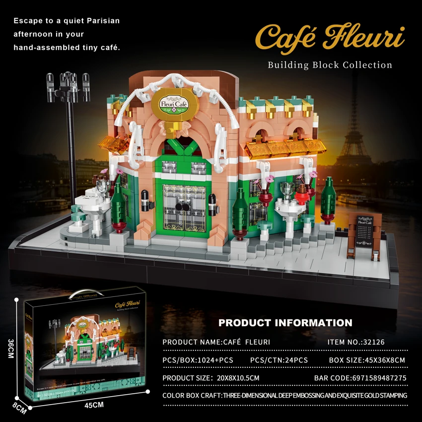 1024+PCS New Micro Diamond French Flower God Cafe Building Blocks Set (color box with exquisite hot stamping and three-dimensional deep embossing treatment)