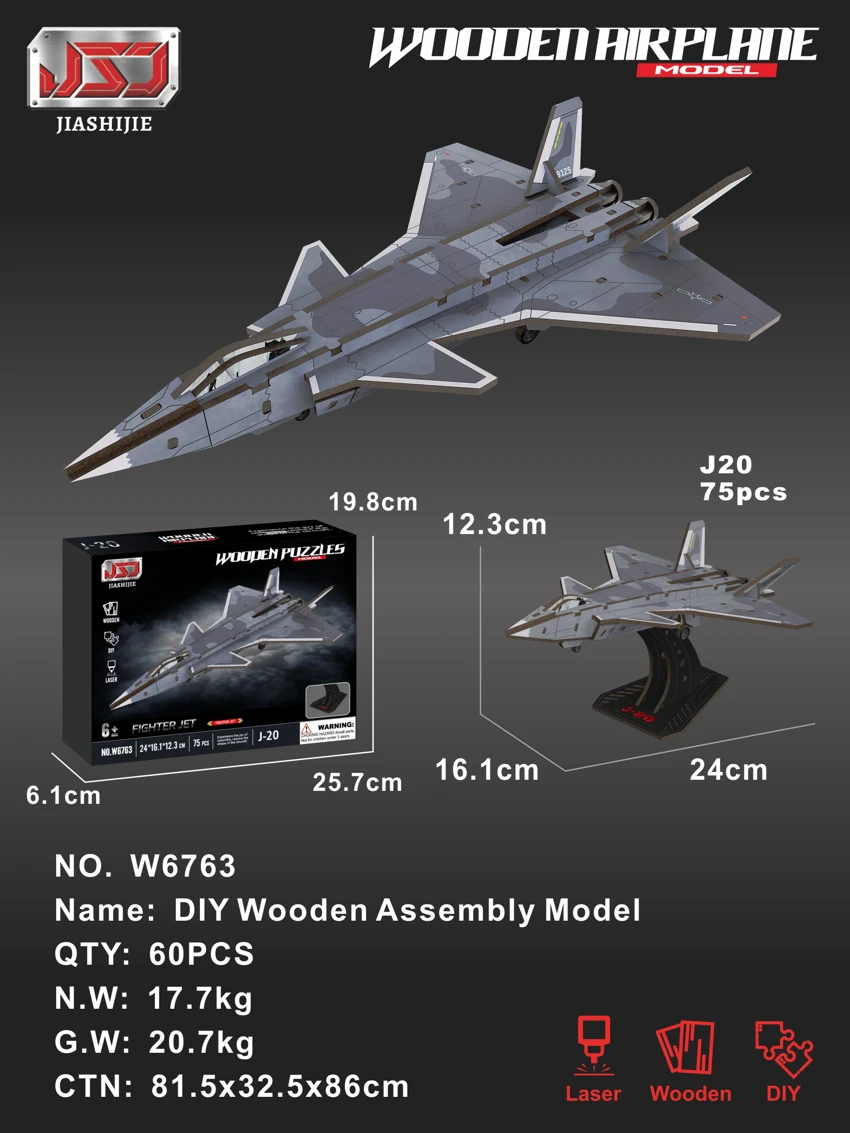 DIY Perhimpunan Kayu - J20 Fighter (berwarna)